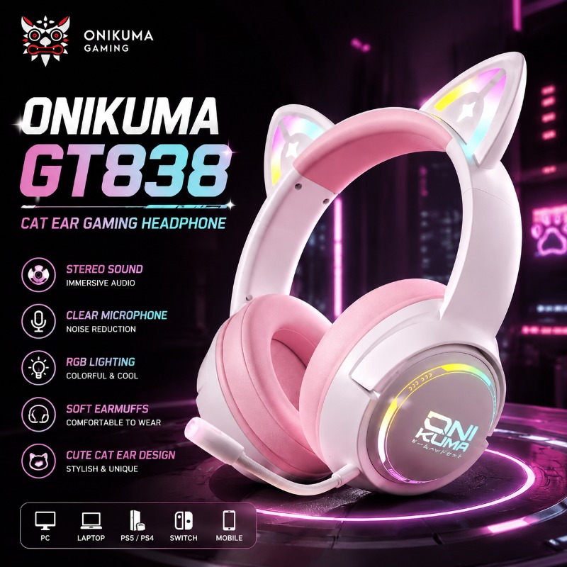Gaming Console Amazon - ONIKUMA GT838 Gaming-Headset mit Katzenohren, RGB-Kopfhörer,