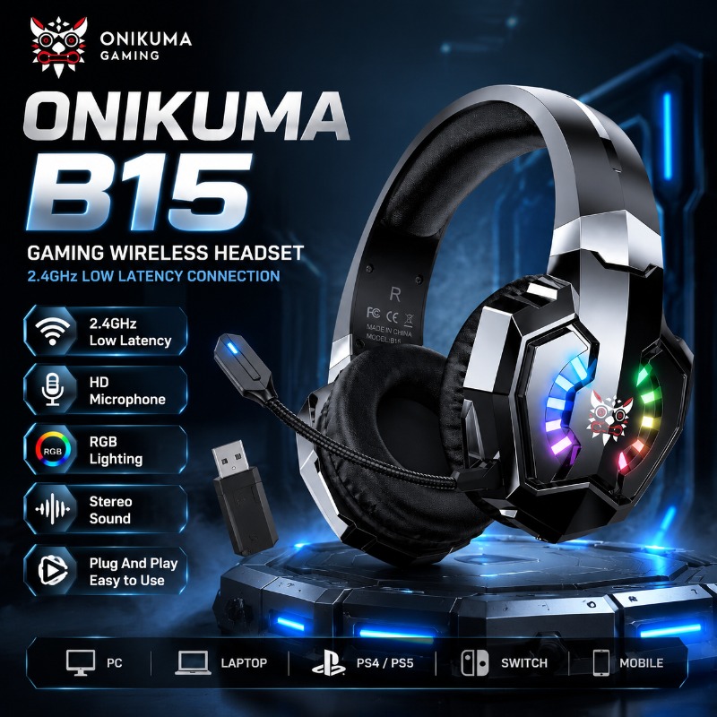 Gaming Console Amazon - ONIKUMA B15 Gaming-Headset, kabellos, 2,4 GHz,