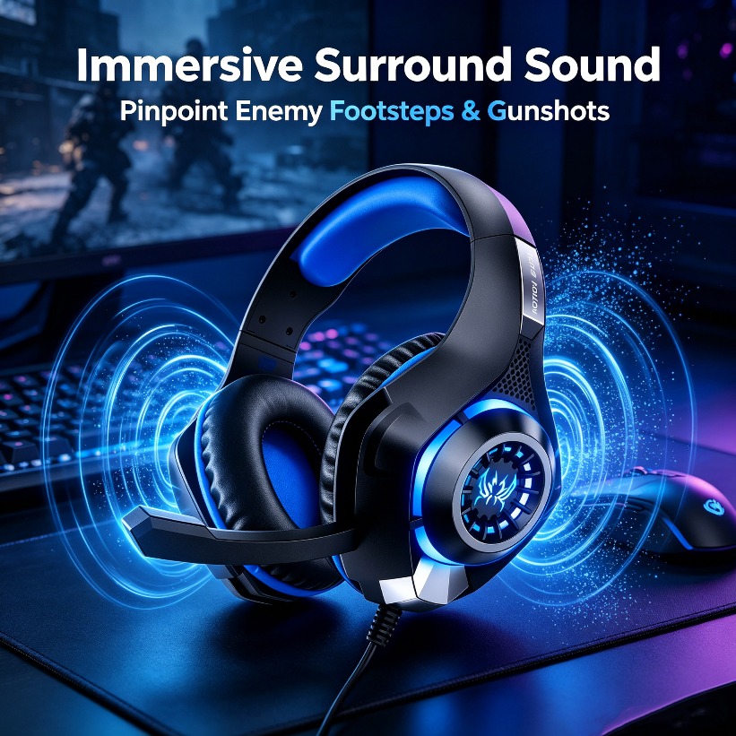 Gaming Console Headset - LED-Gaming-Kopfhörer mit Mikrofon, RGB Over-Ear-Headset, Stereo-Surround-Sound,