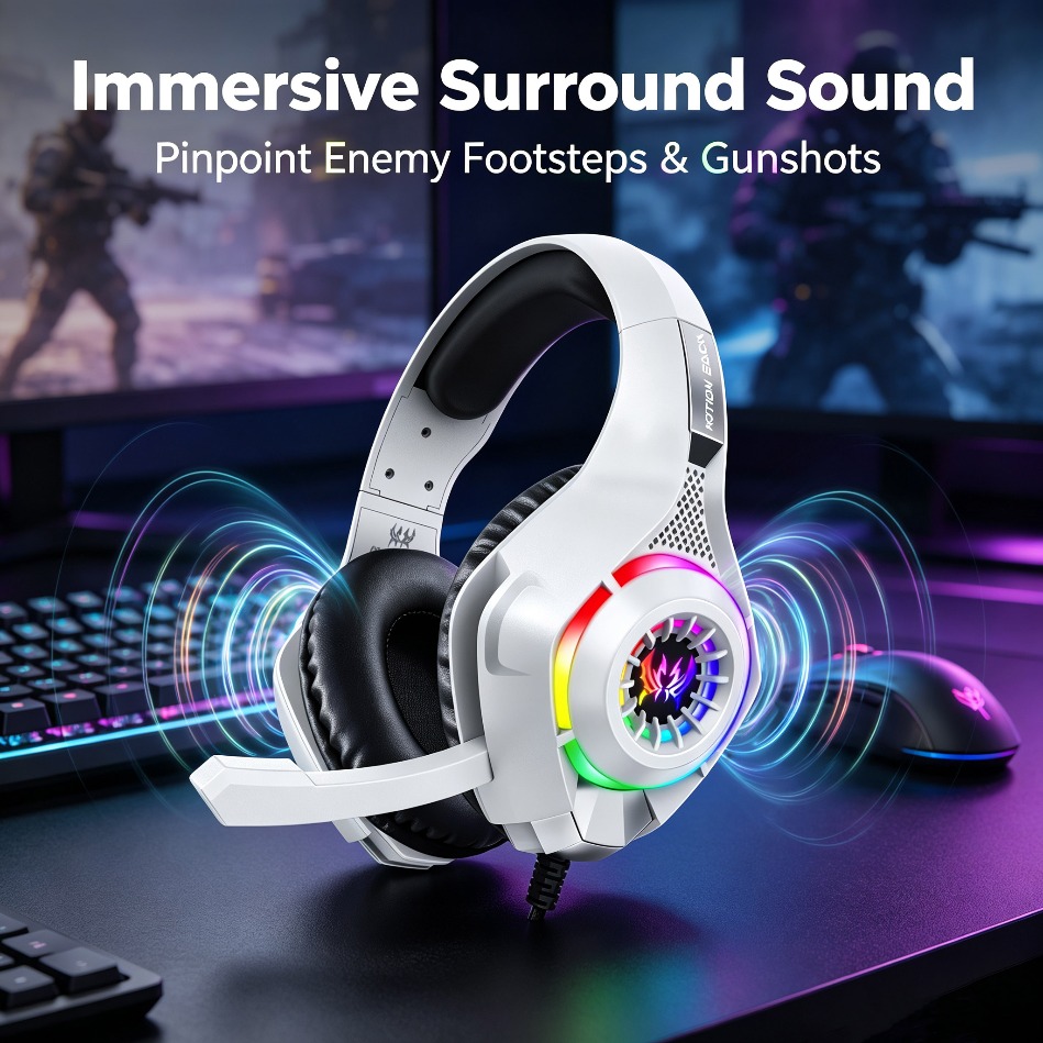 Gaming Console Headset - PC-Gaming-Headset mit Mikrofon, RGB-LED, Over-Ear-Kopfhörer, Stereo-Surround,