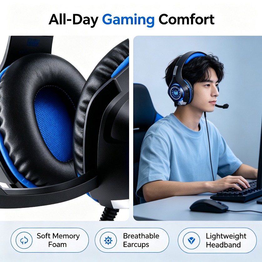 Gaming Console Headset - Stereo-Gaming-Headset mit Mikrofon, RGB-LED, Over-Ear-Kopfhörer, Surround-Sound,